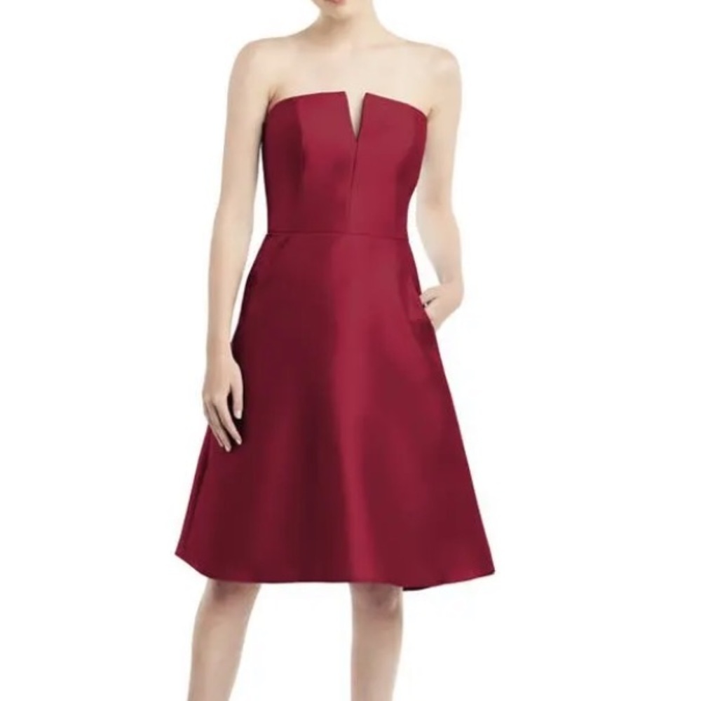 Alfred Sung red burgundy strapless satin twill Cocktail Dress